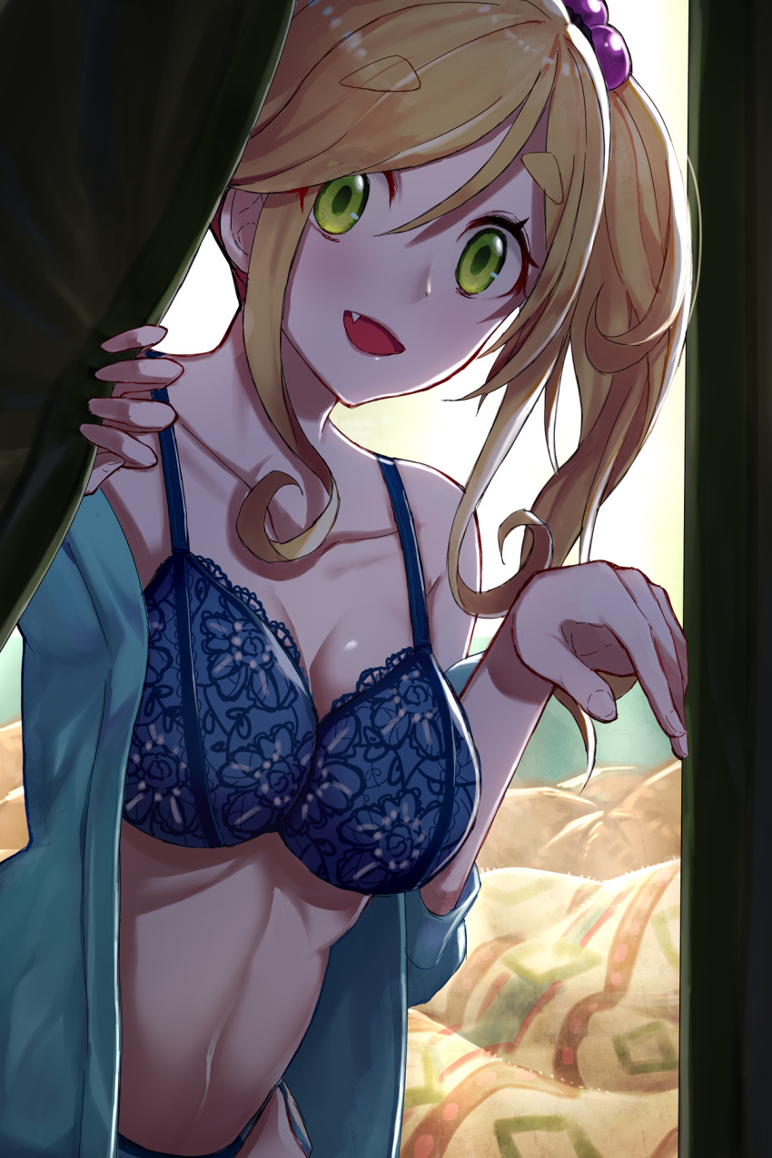 :d bangs bare_shoulders beckoning bed_sheet blue_bra blue_panties blush bra breasts collarbone commentary_request eyebrows_visible_through_hair fang green_eyes highres inuyama_aoi lace lace-trimmed_bra large_breasts lingerie looking_at_viewer navel off_shoulder open_clothes open_mouth panties rerere side_ponytail smile solo swept_bangs tent thick_eyebrows underwear yurucamp