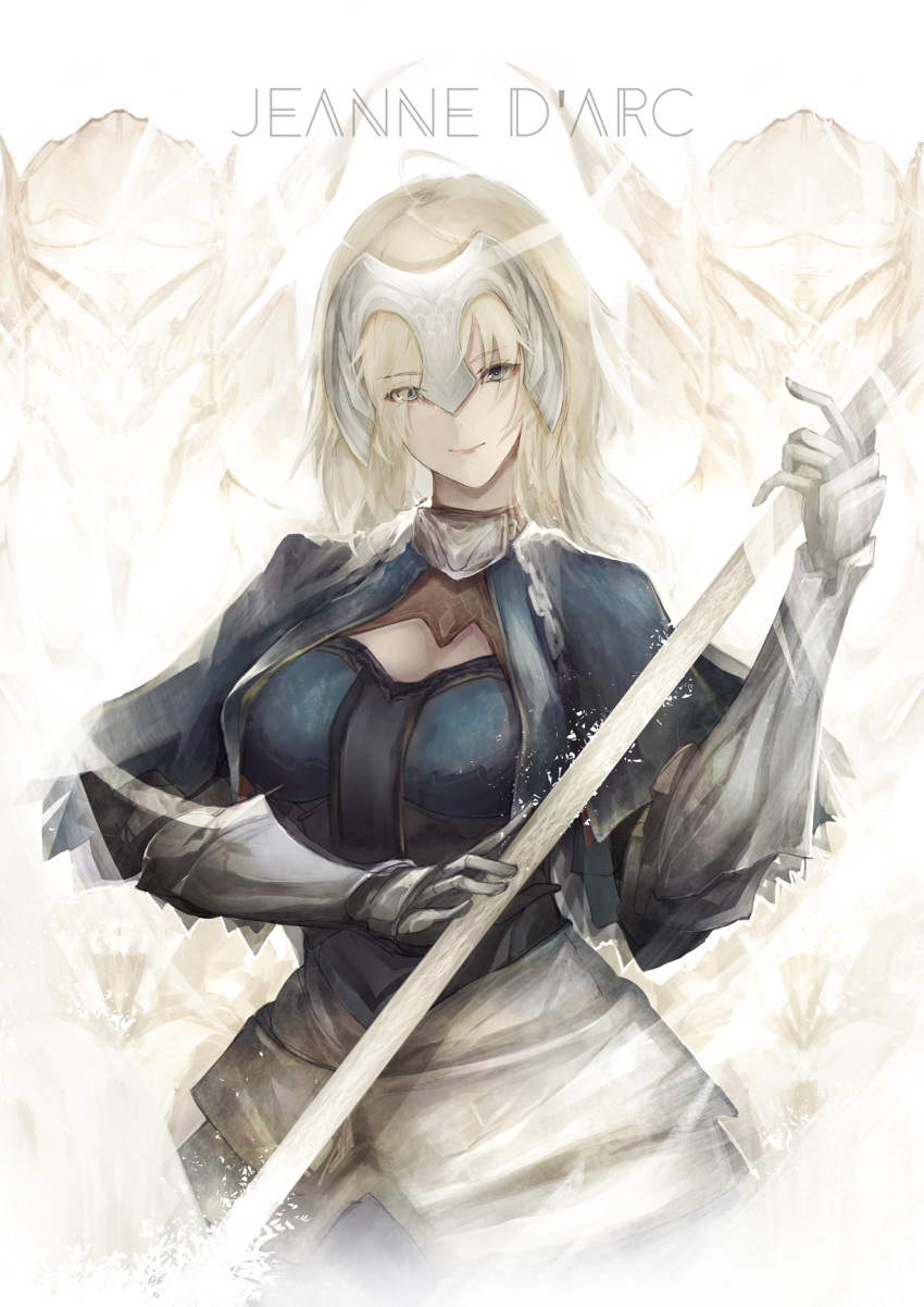 armor armored_dress blonde_hair blue_eyes breasts capelet chain closed_mouth commentary_request eyes_visible_through_hair fate/apocrypha fate/grand_order fate_(series) faulds flag gauntlets head_tilt headpiece highres jeanne_d'arc_(fate) jeanne_d'arc_(fate)_(all) knight long_hair looking_at_viewer marumoru medium_breasts plackart smile solo standard_bearer