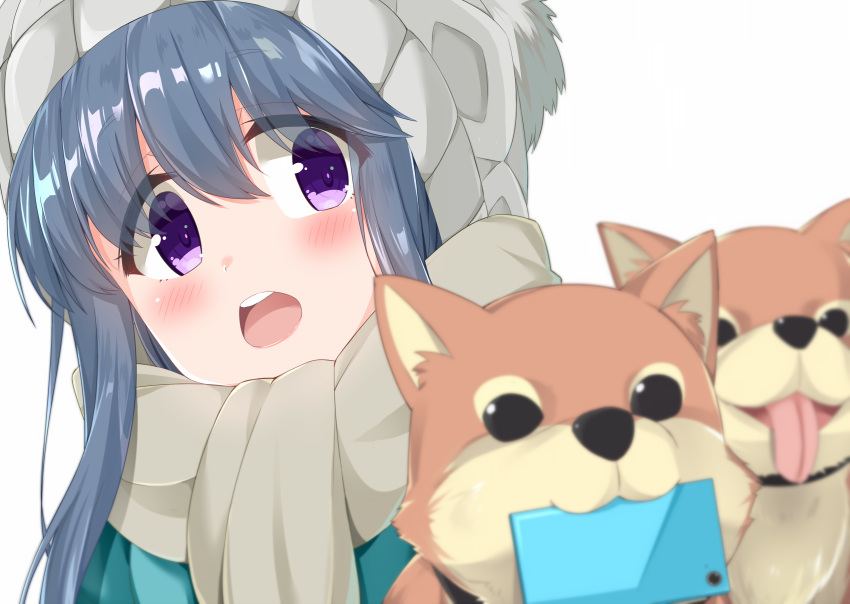 animal bangs beanie blue_hair blurry blurry_foreground blush cacao_(chocolat) cellphone commentary_request depth_of_field dog eyebrows_visible_through_hair grey_scarf hair_between_eyes hat head_tilt highres long_hair mouth_hold open_mouth phone purple_eyes scarf shiba_inu shima_rin simple_background smartphone solo tongue tongue_out upper_teeth white_background white_hat yurucamp