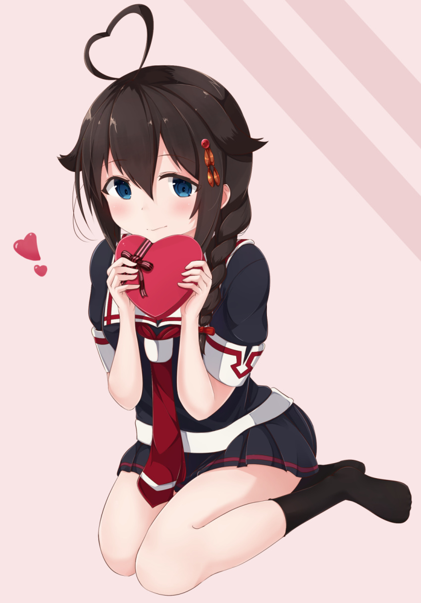 ahoge black_hair black_legwear black_serafuku black_skirt blue_eyes blush box braid commentary commentary_request full_body gift hair_between_eyes hair_flaps hair_ornament hair_over_shoulder hair_ribbon heart heart-shaped_box heart_ahoge highres holding holding_gift kantai_collection long_hair looking_at_viewer no_shoes partial_commentary pink_background pleated_skirt red_neckwear remodel_(kantai_collection) ribbon school_uniform seiza serafuku shigure_(kantai_collection) short_sleeves simple_background single_braid sitting skirt smile socks solo valentine yoriha_yashiro