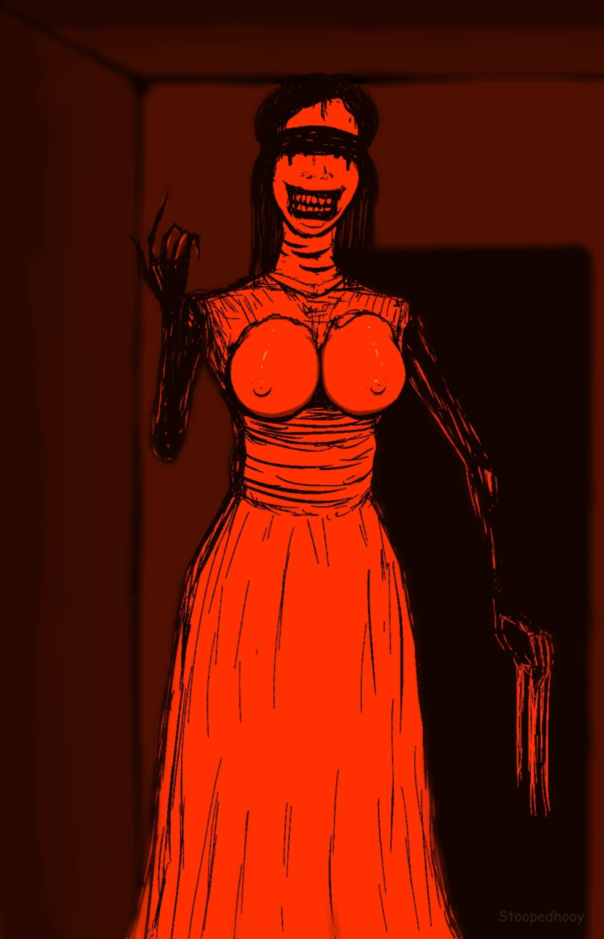 anthro big_breasts blindfold breasts clothing doorway dress female gore grin humanoid inviting long_dress looking_at_viewer monochrome monster monster_girl_(genre) monstrous_humanoid nightmare_fuel nipples nude slit_throat smile stoopedhooy tall teeth torn_clothing torn_topwear undead