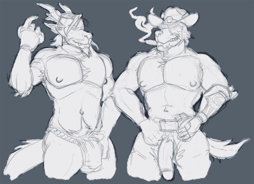 anthro arcarc canine cigar coyote dragon duo eastern_dragon facial_hair flaccid goatee hanzo_shimada hat jesse_mccree male mammal overwatch penis penis_through_fly poking_out sketch smoking video_games