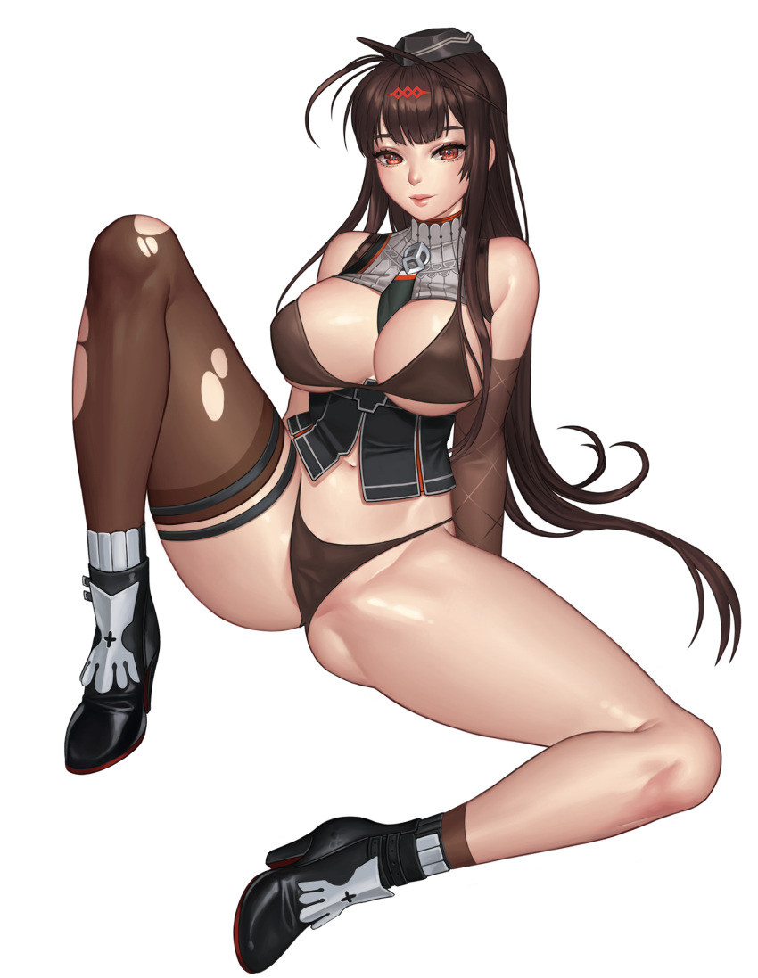 ahoge ass bangs bare_shoulders between_breasts bikini black_bikini black_footwear blunt_bangs breasts breasts_outside brown_hair closed_mouth corset detached_sleeves dsr-50_(girls_frontline) full_body garrison_cap girls_frontline hat high_heels highres karmiel large_breasts lips long_hair looking_at_viewer navel pink_lips red_eyes shoes simple_background single_detached_sleeve single_thighhigh sitting smile solo spread_legs swimsuit thigh_strap thighhighs torn_clothes torn_legwear very_long_hair white_background