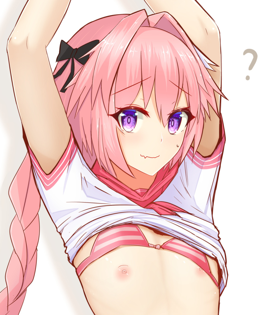 ? areolae arms_up astolfo_(fate) bangs black_bow bow bow_bra bra bra_lift braid closed_mouth commentary_request damao_yu embarrassed eyebrows_visible_through_hair eyelashes eyes_visible_through_hair fang fate/apocrypha fate/grand_order fate_(series) flat_chest furrowed_eyebrows hair_between_eyes hair_bow hair_intakes highres horizontal_stripes long_hair looking_at_viewer male_focus multicolored_hair neckerchief nipple_slip nipples otoko_no_ko pink_bow pink_bra pink_hair pink_neckwear pink_sailor_collar purple_eyes sailor_collar school_uniform serafuku shirt shirt_lift short_sleeves simple_background single_braid sleeve_cuffs smile solo streaked_hair striped striped_bra sweatdrop two-tone_hair underwear upper_body wavy_mouth white_background white_hair white_shirt