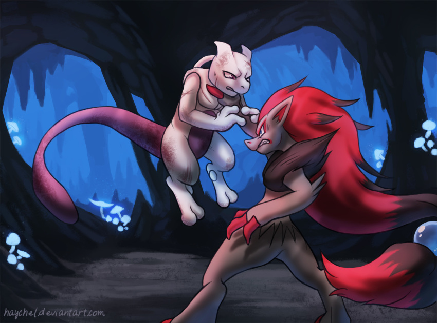 2015 2_toes ambiguous_gender angry anthro asphyxiation blood cavern choking claws clenched_teeth detailed_background digital_media_(artwork) duo eye_contact fluffy haychel holding_character legendary_pok&eacute;mon looking_at_another mewtwo mushroom neck_grab nintendo pecs pok&eacute;mon pok&eacute;mon_(species) shaded signature size_difference stalactite teeth toes url video_games violence zoroark