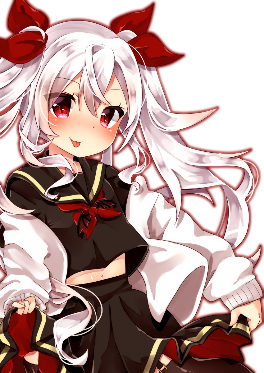 :p absurdres alternate_costume azur_lane bangs black_legwear black_sailor_collar black_serafuku black_shirt black_skirt blush cardigan chiitamu closed_mouth commentary_request eyebrows_visible_through_hair fang fang_out garter_straps hair_between_eyes hair_ribbon head_tilt highres long_hair long_sleeves midriff navel neckerchief off_shoulder open_cardigan open_clothes outline red_eyes red_neckwear red_outline red_ribbon ribbon sailor_collar school_uniform serafuku shirt sidelocks silver_hair simple_background skirt solo thighhighs tongue tongue_out twintails vampire_(azur_lane) very_long_hair white_background white_cardigan