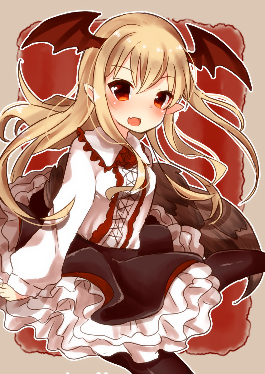 :d absurdres bangs bat_wings black_legwear black_skirt blush breasts brown_background chiitamu collared_shirt commentary_request eyebrows_visible_through_hair fang frilled_shirt_collar frills granblue_fantasy hair_between_eyes head_wings highres long_hair long_sleeves looking_at_viewer medium_breasts open_mouth pantyhose petticoat pointy_ears red_eyes red_wings shirt skirt smile solo vampy very_long_hair white_shirt wings