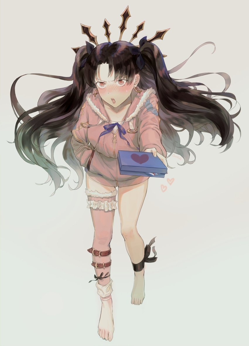 ankle_ribbon bangs black_hair black_ribbon blush booduli box earrings eyebrows_visible_through_hair fate/grand_order fate_(series) full_body gift gift_box giving hair_ribbon hand_in_pocket heart heart_print highres holding holding_gift hoop_earrings incoming_gift ishtar_(fate/grand_order) ishtar_(swimsuit_rider)_(fate) jewelry long_hair long_legs long_sleeves looking_at_viewer no_shoes open_mouth outstretched_arm protected_link red_eyes ribbon simple_background single_thighhigh solo standing thighhighs valentine very_long_hair