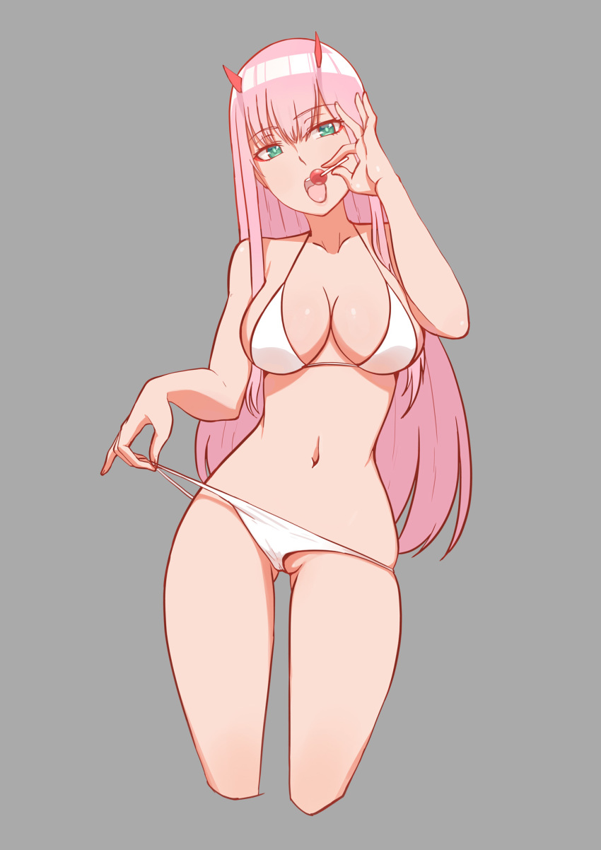 ass_visible_through_thighs bikini bikini_pull breasts candy cropped_legs darling_in_the_franxx food green_eyes grey_background head_tilt highres horns kuso_otoko large_breasts lollipop long_hair looking_at_viewer navel open_mouth partially_visible_vulva pink_hair simple_background skindentation solo swimsuit thigh_gap tongue tongue_out white_bikini zero_two_(darling_in_the_franxx)