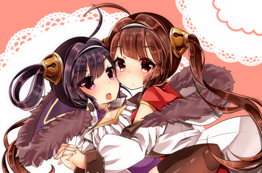 ahoge azur_lane bangs black_hair black_legwear blush breasts brown_hair chiitamu china_dress chinese_clothes cleavage commentary_request doily dress eyebrows_visible_through_hair fingernails fur-trimmed_hood hair_rings hairband hairpods highres holding_hands hood hood_down hooded_jacket interlocked_fingers jacket long_hair long_sleeves looking_at_viewer looking_to_the_side medium_breasts multiple_girls ning_hai_(azur_lane) open_clothes open_jacket open_mouth ping_hai_(azur_lane) puffy_long_sleeves puffy_sleeves purple_dress purple_eyes red_dress red_eyes sidelocks thighhighs twintails upper_teeth v-shaped_eyebrows very_long_hair white_hairband white_jacket