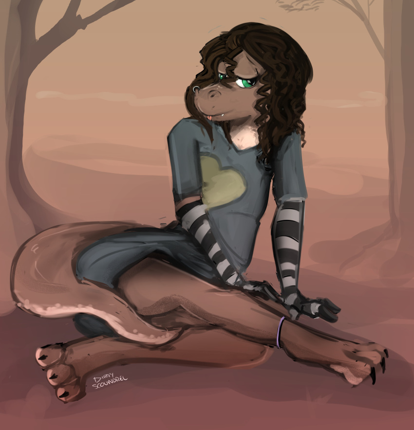 2016 3_toes absurd_res ambiguous_gender anthro armwear azu_(azurex) biped black_claws blue_clothing brown_hair brown_skin brown_tail brown_theme claws clothed clothing detailed_background dirtyscoundrel facial_piercing front_view green_eyes hair hi_res lizard looking_at_viewer nose_piercing on_ground outside piercing reptile scalie signature sitting snout solo striped_armwear striped_clothing toes tree