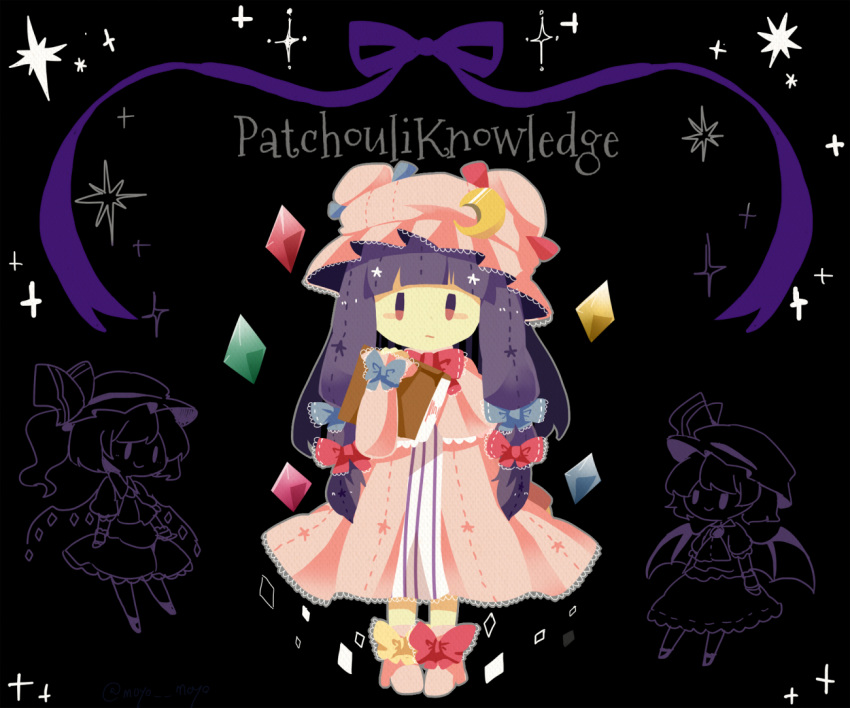 black_background blue_bow blush_stickers book bow bowtie character_name crescent crescent_hair_ornament crystal dress feet_together flandre_scarlet hair_bow hair_ornament hat hat_bow holding holding_book long_hair mob_cap moyo_(amaniwa) multiple_girls patchouli_knowledge purple_eyes purple_hair purple_ribbon red_bow remilia_scarlet ribbon shoe_bow shoes smile solo_focus sparkle standing striped striped_dress touhou wings yellow_bow