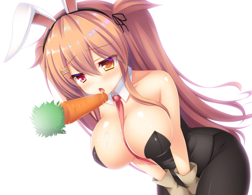 animal_ears bare_shoulders black_legwear black_leotard breasts brown_eyes bunny_ears bunny_girl bunnysuit carrot detached_collar fake_animal_ears gloves heterochromia highres kantai_collection large_breasts leotard light_brown_hair long_hair murasame_(kantai_collection) neckerchief pantyhose red_eyes remodel_(kantai_collection) sexually_suggestive shitou_kazuaki solo strapless strapless_leotard twintails two_side_up white_gloves wrist_cuffs