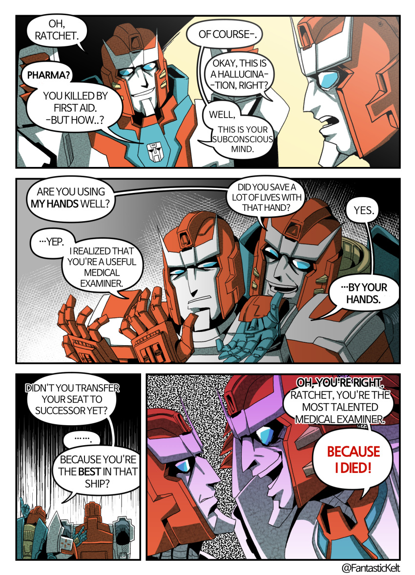 2017 aircraft alien autobot blue_eyes comic cybertronian dialogue digital_media_(artwork) duo english_text fantastickelt frown hi_res humanoid insane living_aircraft living_machine machine male not_furry open_mouth pharma_(transformers) ratchet_(transformer) robot simple_background smile speech_bubble standing static teeth text transformers white_background
