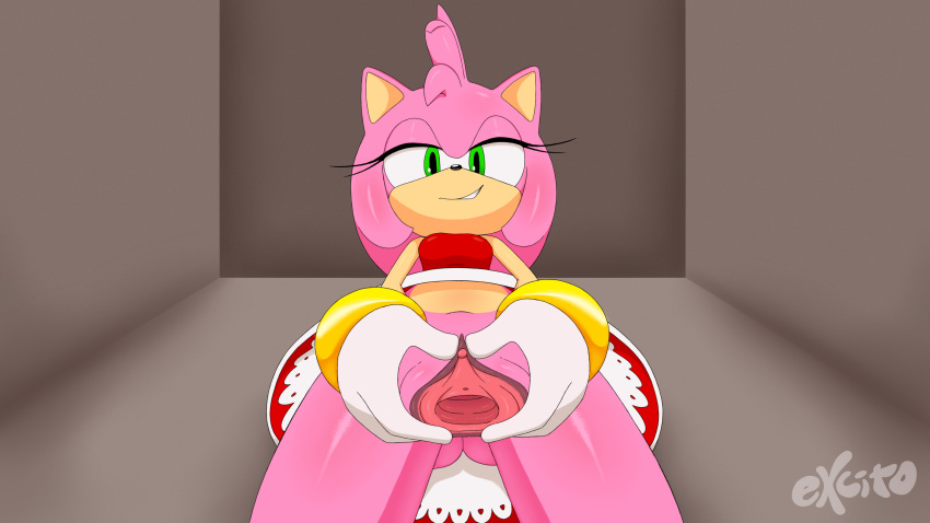 amy_rose bedroom_eyes clothing dress excito female first_person_view half-closed_eyes hedgehog looking_at_viewer looking_down mammal no_underwear pussy seductive solo sonic_(series) spread_pussy spreading underass