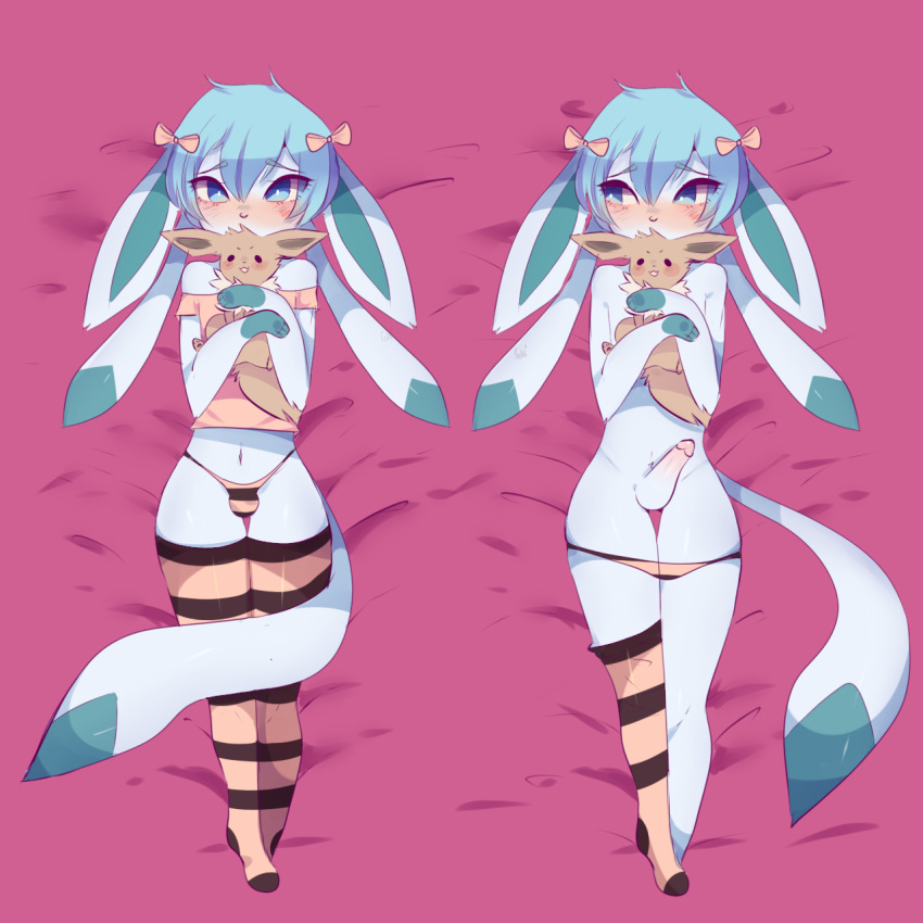 &lt;3 anthro balls bed big_head bird's-eye_view blue_eyes blue_fur blush bow bulge cel_shading clothing eevee eeveelution embarrassed erection fan_character fredek666 fur girly glaceon glacey gloves_(marking) hair hair_bow hair_ribbon high-angle_view holding_toy legwear long_ears looking_at_viewer male markings midriff nintendo off_shoulder pattern_clothing penis pink_clothing pink_topwear plushie pok&eacute;mon pok&eacute;mon_(species) purple_hair ribbons short_hair solo stockings striped_clothing striped_legwear striped_underwear stripes video_games