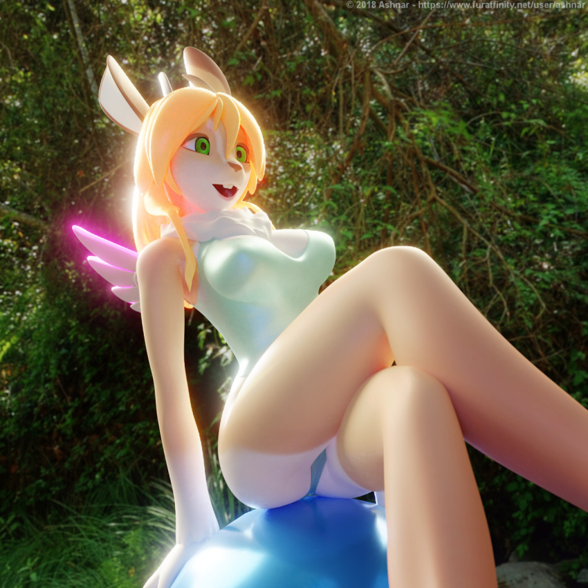 2018 anthro ashnar blonde_hair breasts clothed clothing feathered_wings feathers female green_eyes hair horn jackalope lagomorph mammal nipple_bulge one-piece_swimsuit open_mouth outside phina_(ashnar) solo swimsuit wings