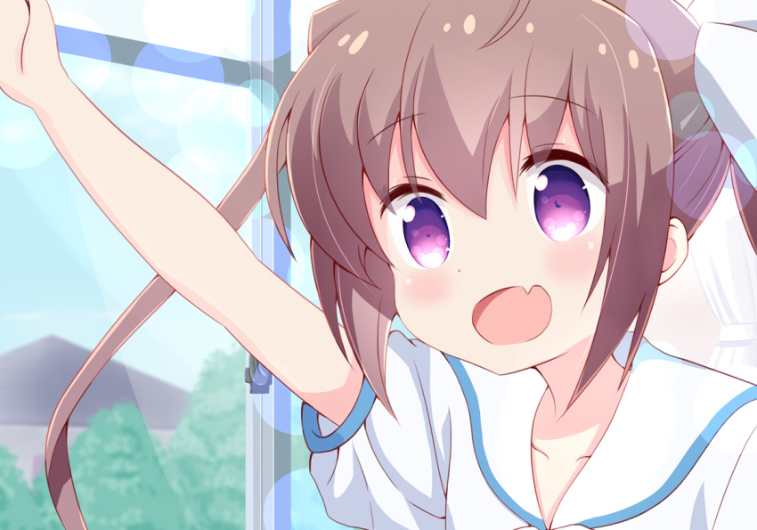 :d arm_up bangs blue_sky blush bow brown_hair collarbone commentary_request day derivative_work eyebrows_visible_through_hair fang hair_between_eyes hair_bow indoors long_hair looking_away momochi_tamate open_mouth outstretched_arm puffy_short_sleeves puffy_sleeves purple_eyes school_uniform serafuku shirt short_sleeves sidelocks sky slow_start smile solo tree twintails very_long_hair white_bow white_shirt window yutsuki_warabi