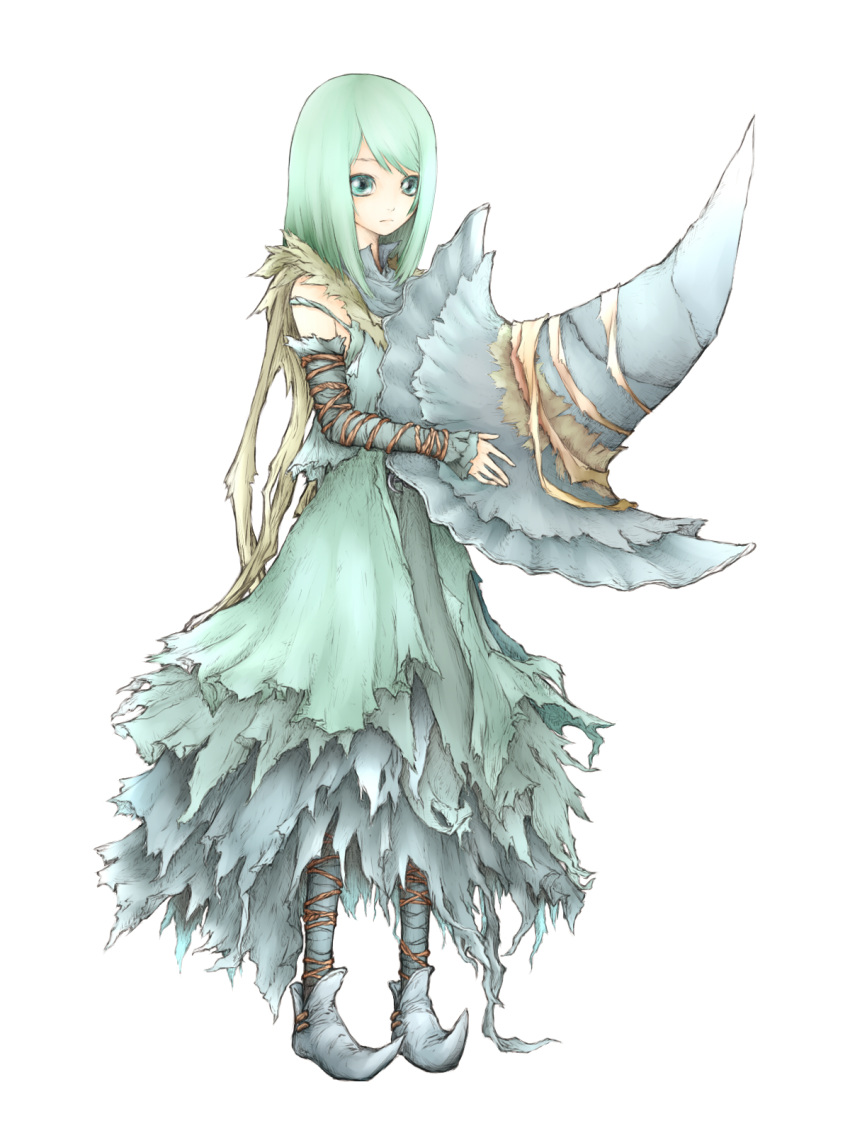 aqua_eyes aqua_hair bandaged_leg bandages bangs bare_shoulders closed_mouth demon's_souls detached_sleeves dress expressionless eyebrows_visible_through_hair full_body grey_dress grey_footwear grey_hat hat hat_removed headwear_removed highres holding holding_hat ise_(0425) legs_apart long_hair long_sleeves looking_away pointy_shoes shoes simple_background solo souls_(from_software) standing straight_hair swept_bangs torn_clothes torn_dress white_background witch witch_hat yuria_the_witch
