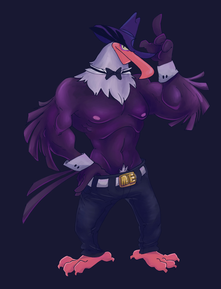 absurd_res angry_birds anthro avian bald_eagle belt bird bow_tie clothed clothing eagle hat hi_res looking_at_viewer low-riding male mighty_eagle muscular mysterymanbob nipples simple_background solo standing topless video_games