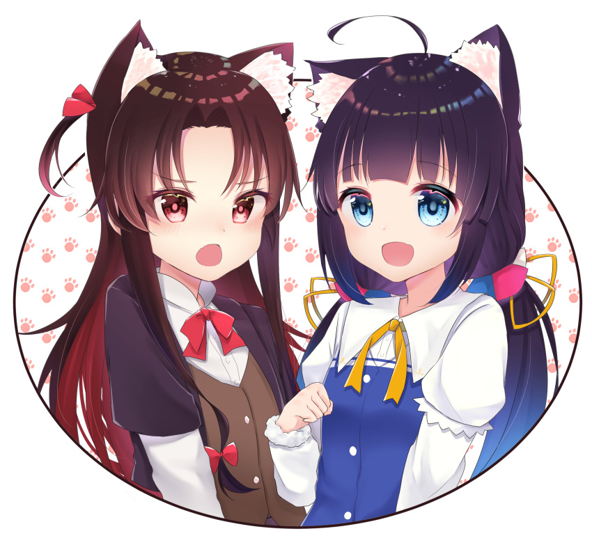 :d ahoge animal_ear_fluff animal_ears bangs black_jacket blue_dress blue_eyes blush bow breasts brown_eyes brown_hair brown_vest cat_ears commentary_request dress eyebrows_visible_through_hair fang gradient_hair gyozanuko hair_bow hair_ribbon highres hinatsuru_ai jacket kemonomimi_mode long_hair long_sleeves looking_at_viewer low_twintails multicolored_hair multiple_girls one_side_up open_mouth outside_border puffy_short_sleeves puffy_sleeves rainbow_gradient red_bow red_hair red_ribbon ribbon round_image ryuuou_no_oshigoto! school_uniform shiny shiny_hair shirt short_over_long_sleeves short_sleeves sidelocks small_breasts smile twintails very_long_hair vest white_shirt yashajin_ai