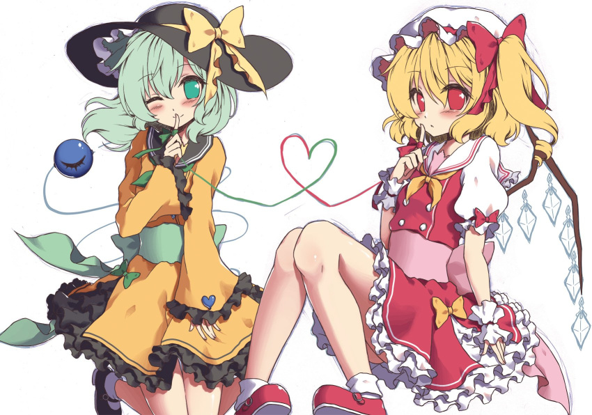 beni_kurage black_footwear blonde_hair blush bow commentary_request eyebrows_visible_through_hair finger_to_mouth flandre_scarlet frills green_eyes green_hair green_sash hair_bow hat hat_bow heart heart_of_string highres komeiji_koishi long_sleeves looking_at_viewer mary_janes mob_cap multiple_girls one_eye_closed petticoat pink_sash puffy_short_sleeves puffy_sleeves red_bow red_eyes red_footwear sailor_collar shirt shoes short_hair short_sleeves side_ponytail simple_background sitting socks third_eye touhou white_background white_legwear wide_sleeves wings work_in_progress wrist_cuffs yellow_bow yellow_neckwear yellow_shirt