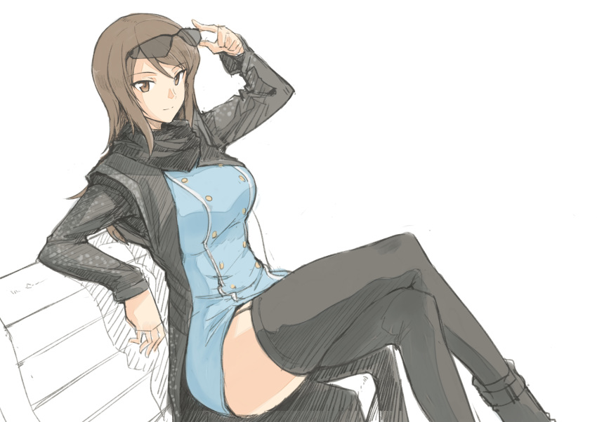 alternate_costume arm_up bangs bench black_legwear blue_dress breasts brown_eyes brown_hair closed_mouth crossed_legs dress eyebrows_visible_through_hair eyewear_on_head girls_und_panzer hand_on_eyewear harukon_(halcon) highres large_breasts long_sleeves looking_at_viewer mika_(girls_und_panzer) park_bench simple_background sitting smile solo sunglasses thighhighs thighs white_background zettai_ryouiki