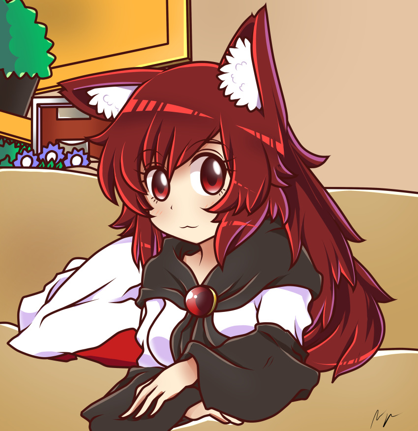 :3 absurdres animal_ears blush breasts brooch brown_hair commentary doge dress highres imaizumi_kagerou indoors jewelry long_sleeves looking_at_viewer majormilk medium_breasts parody red_eyes solo style_parody tail touhou wide_sleeves wolf_ears wolf_tail wool_(miwol)_(style)
