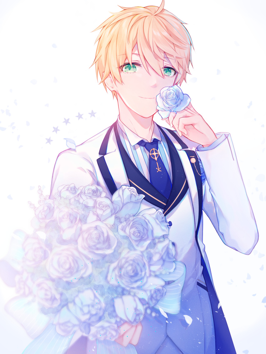 absurdres ahoge aqua_eyes arthur_pendragon_(fate) blonde_hair blue_neckwear bouquet closed_mouth collared_shirt eyebrows_visible_through_hair fate/grand_order fate_(series) flower formal highres holding holding_bouquet holding_flower jacket light_particles long_sleeves looking_at_viewer male_focus miyuki_(miyuki0529) necktie open_clothes open_jacket petals rose rose_petals shirt smile solo star striped striped_shirt suit upper_body vertical-striped_shirt vertical_stripes white_background white_flower white_jacket white_rose white_rose_(fate/grand_order) wing_collar
