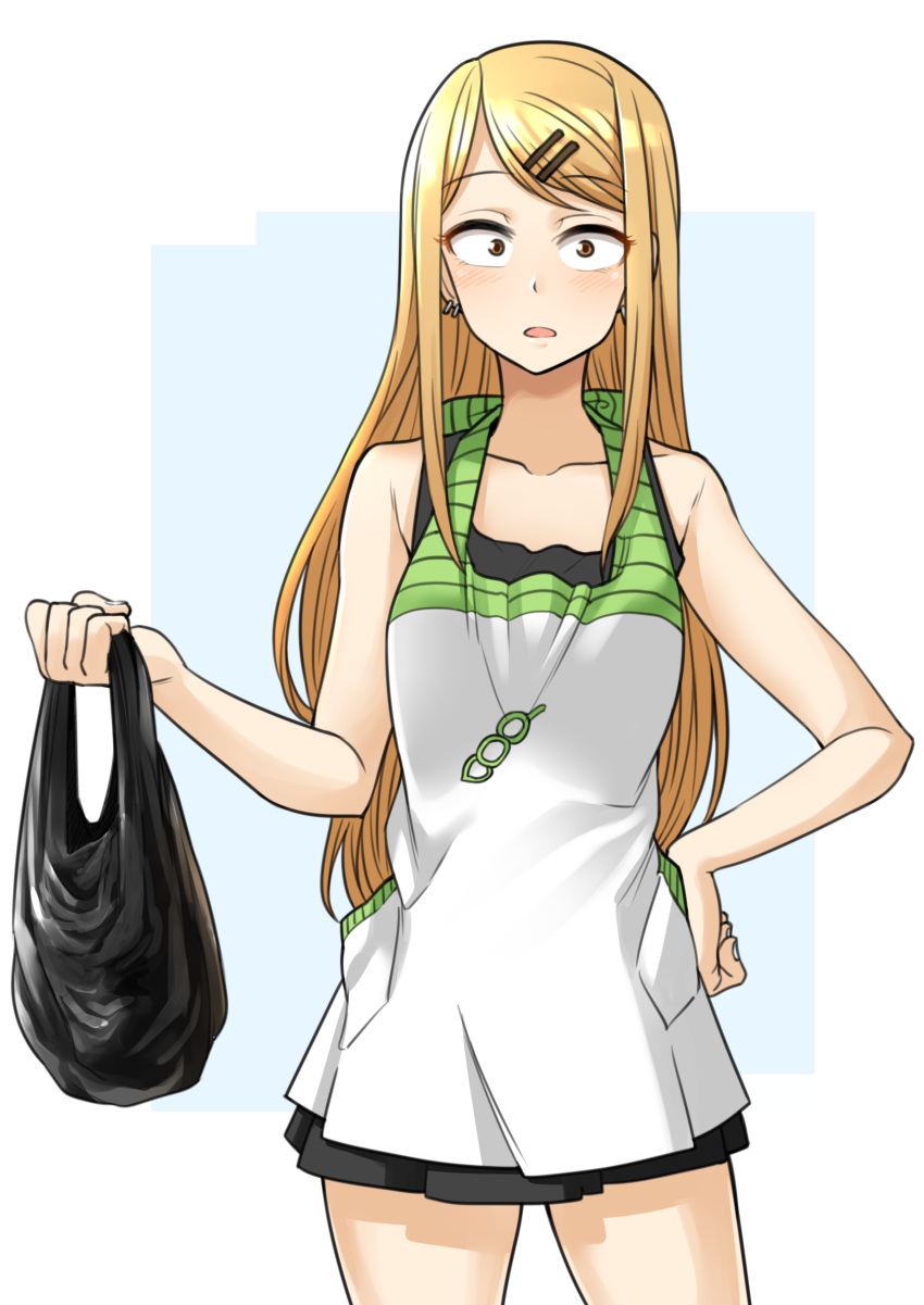 apron bag bangs bare_arms black_skirt blonde_hair breasts brown_eyes collarbone commentary cowboy_shot dagashi_kashi ear_piercing earrings endou_saya eyebrows_visible_through_hair hair_ornament hand_on_hip highres holding holding_bag jewelry long_hair looking_at_viewer open_mouth piercing plastic_bag simple_background skirt sleeveless small_breasts solo standing yong-gok