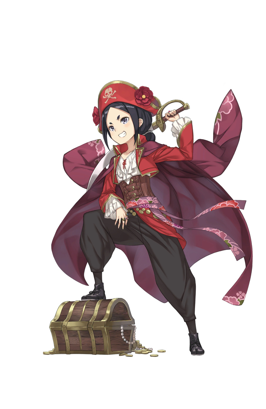 black_eyes black_footwear black_hair black_pants coin flower full_body hat hat_flower highres holding holding_sword holding_weapon jacket_on_shoulders jewelry jewelry_removed looking_at_viewer makaria necklace necklace_removed official_art pants parted_lips pirate_costume pirate_hat princess_principal princess_principal_game_of_mission red_hat ring short_hair smile solo standing sword toudou_chise transparent_background treasure_chest weapon