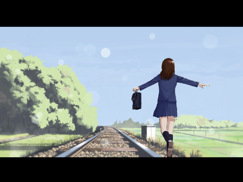 bag black_footwear black_legwear blue_sky brown_hair commentary_request day from_behind grass highres holding holding_bag landscape lens_flare letterboxed long_hair long_sleeves original outstretched_arms railroad_tracks sasaki112 scenery school_uniform shoes sky socks solo student tree walking