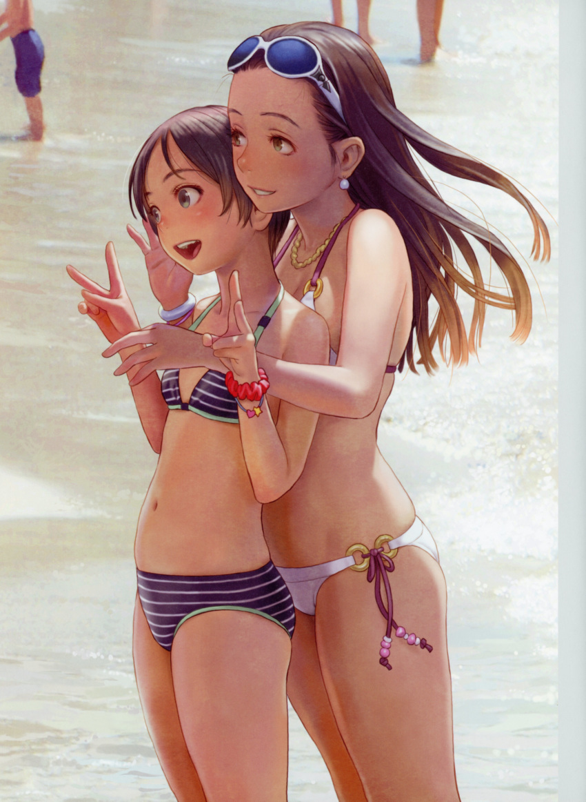 :d absurdres bangle bare_shoulders beach bikini blue_bikini bracelet breasts brown_eyes brown_hair day double_v earrings eyewear_on_head forehead grin halter_top halterneck highres jewelry long_hair looking_to_the_side multiple_girls murata_renji navel necklace o-ring o-ring_bikini open_mouth original outdoors parted_lips red_scrunchie scan scrunchie short_hair side-tie_bikini small_breasts smile standing stomach striped striped_bikini sunglasses swimsuit teeth v water white_bikini wrist_scrunchie wristband