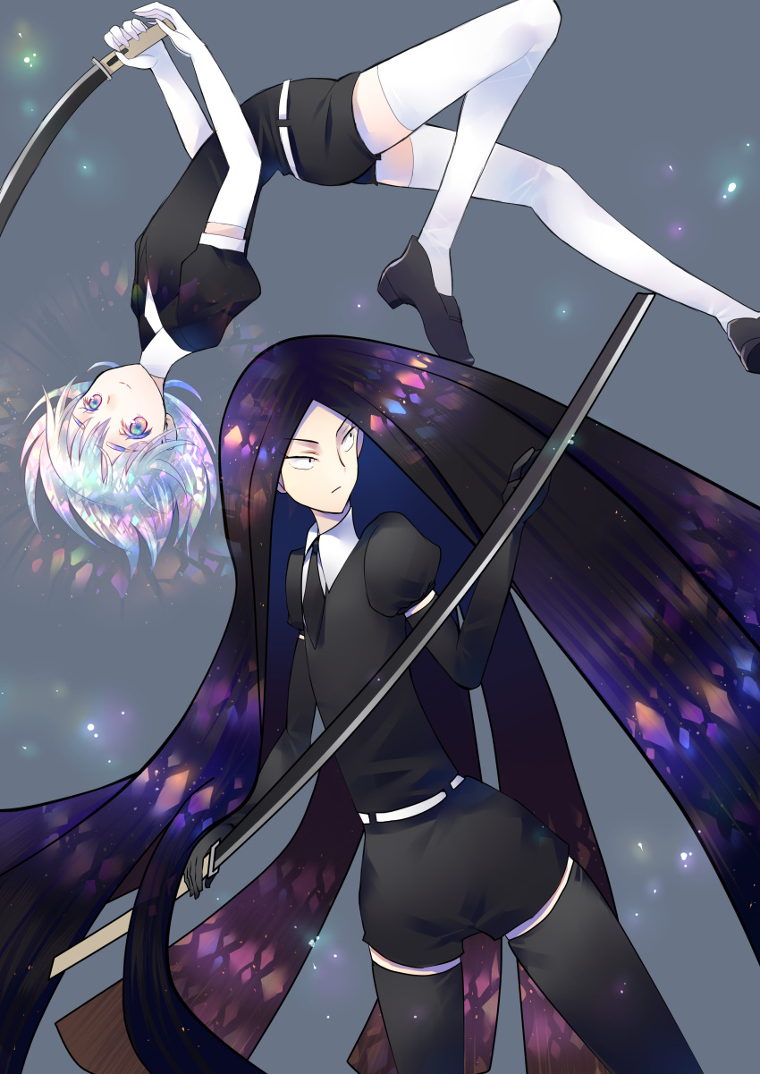 absurdres androgynous black_eyes black_hair bort diamond_(houseki_no_kuni) elbow_gloves gem_uniform_(houseki_no_kuni) gloves highres hoge_kinoko houseki_no_kuni long_hair looking_at_viewer multicolored multicolored_eyes multicolored_hair multiple_others necktie rainbow_eyes rainbow_hair short_hair smile sword thighhighs very_long_hair weapon