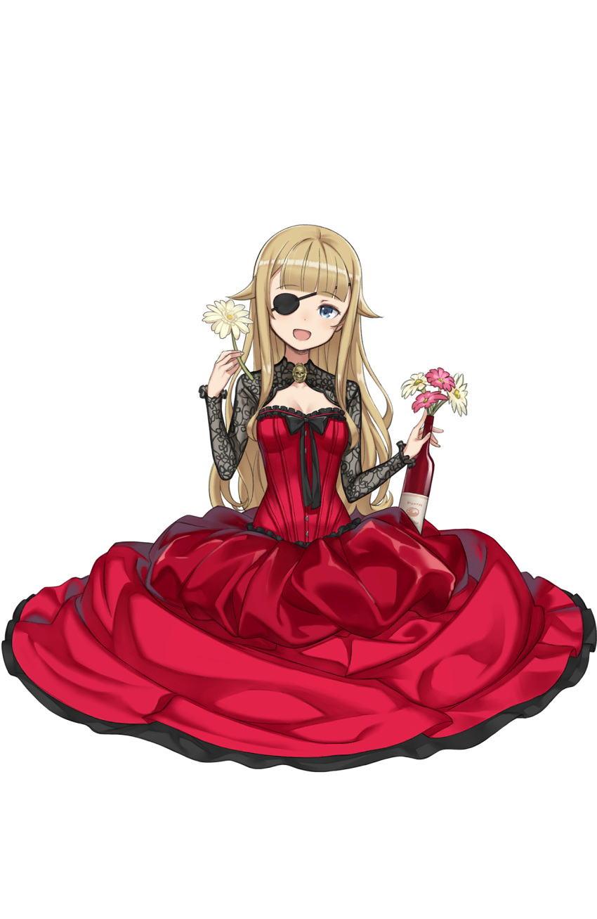 ;d blonde_hair blue_eyes bottle breasts cleavage dress eyepatch flower full_body hand_up highres long_hair looking_at_viewer makaria official_art one_eye_closed open_mouth princess_(princess_principal) princess_principal princess_principal_game_of_mission red_dress small_breasts smile solo transparent_background
