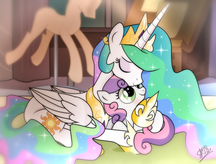 2018 bedding blanket blush crown cub cuddling cute cutie_mark dsana duo embrace equine eyebrows eyelashes eyes_closed eyeshadow feathered_wings feathers female feral friendship_is_magic green_eyes hair hooves horn inside long_hair looking_up lying makeup mammal mannequin multicolored_hair my_little_pony nude princess_celestia_(mlp) rainbow_hair signature size_difference smile sparkles story story_in_description sweetie_belle_(mlp) two_tone_hair unicorn white_feathers winged_unicorn wings young