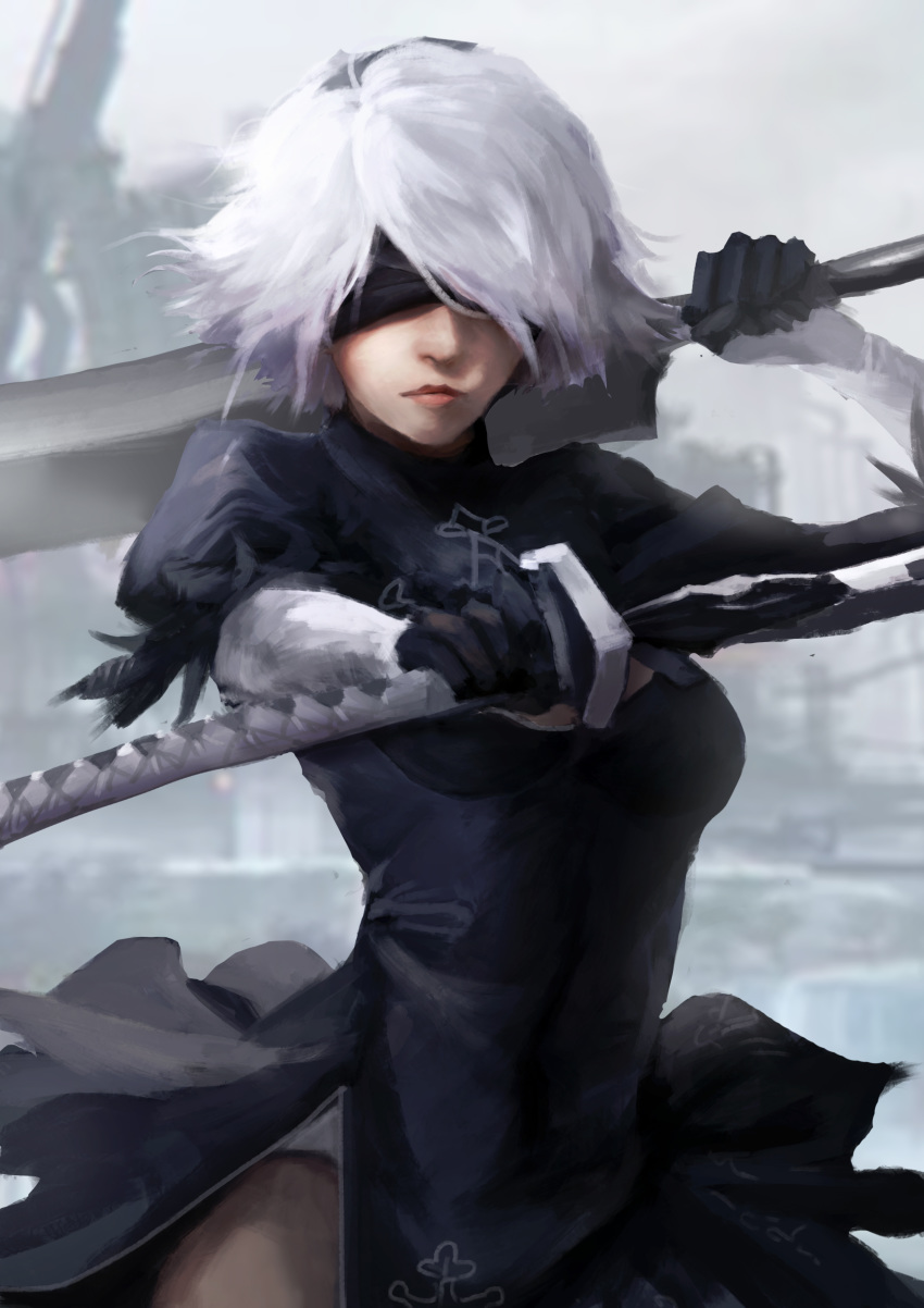 absurdres black_blindfold black_dress blindfold cleavage_cutout commentary covered_eyes cowboy_shot dress english_commentary facing_viewer feather-trimmed_sleeves highres holding holding_sword holding_weapon juliet_sleeves lien-tsu long_sleeves nier_(series) nier_automata puffy_sleeves silver_hair solo sword sword_behind_back thighs vambraces weapon yorha_no._2_type_b