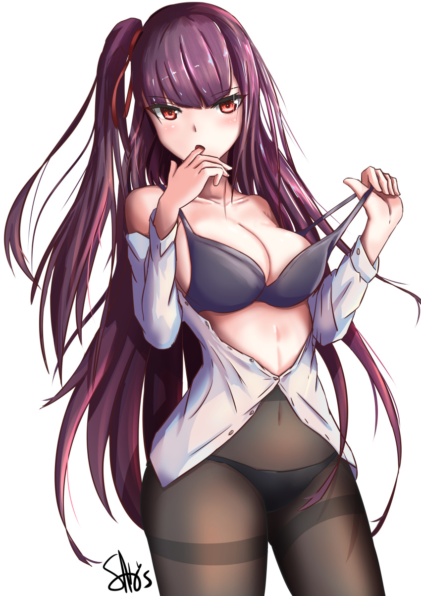 :o absurdres bangs bare_shoulders black_bra black_legwear black_panties blunt_bangs bra breasts cleavage collarbone covered_navel cowboy_shot finger_in_mouth girls_frontline highres ichikawayan large_breasts long_hair long_sleeves looking_at_viewer navel off_shoulder one_side_up open_clothes open_mouth open_shirt panties panties_under_pantyhose pantyhose partially_unbuttoned pulled_by_self purple_eyes red_eyes shirt signature simple_background solo standing straight_hair strap_pull thighband_pantyhose tsurime underwear very_long_hair wa2000_(girls_frontline) white_background white_shirt