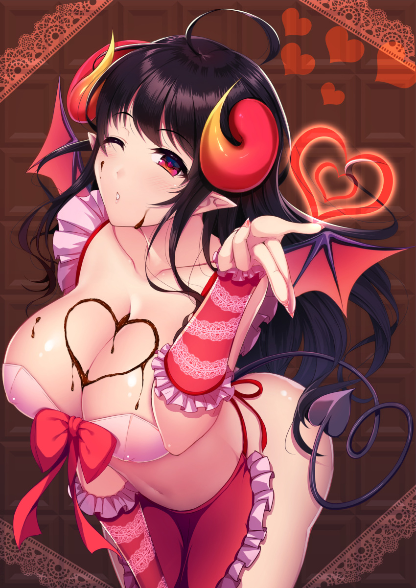 ahoge apron arched_back arm_support ass bangs bat_wings black_wings bra breasts chocolate chocolate_heart cleavage collarbone commentary_request covered_nipples cowboy_shot demon_girl demon_tail frilled_apron frills heart heart_tail highres horns kurojo_ayane large_breasts leaning_forward long_hair looking_at_viewer navel one_eye_closed original pink_bra pointy_ears purple_hair red_apron red_eyes shiny shiny_skin sidelocks solo standing succubus tail underwear valentine wings