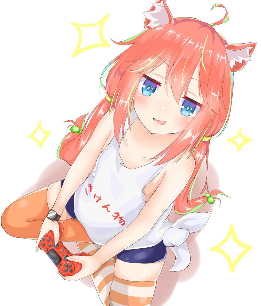 absurdres animal_ear_fluff animal_ears bike_shorts blue_eyes cat_ears clothes_writing controller from_above game_controller hair_bobbles hair_ornament highres hinata_channel holding long_hair looking_up mismatched_legwear nekomiya_hinata orange_legwear pink_hair shorts sitting smile solo striped striped_legwear thighhighs twintails vest virtual_youtuber white_vest yato_(ssgs59)