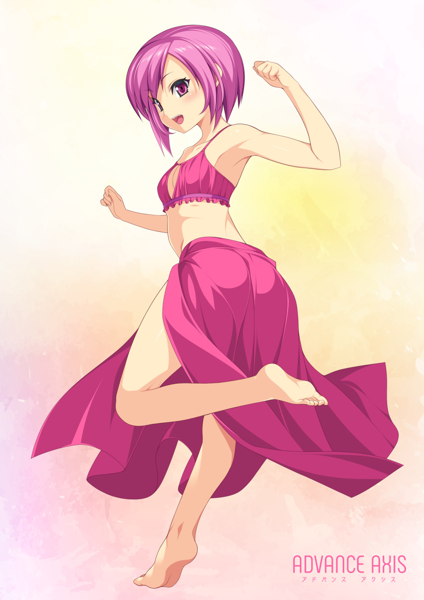 absurdres arm_up armpits bare_shoulders barefoot beatmania beatmania_iidx bikini bikini_top blush breasts cleavage clenched_hand collarbone fingernails full_body gradient gradient_background highres kinoshita_ichi leg_up nyah open_mouth pink_hair purple_eyes sarong short_hair simple_background small_breasts smile solo swimsuit twisted_torso