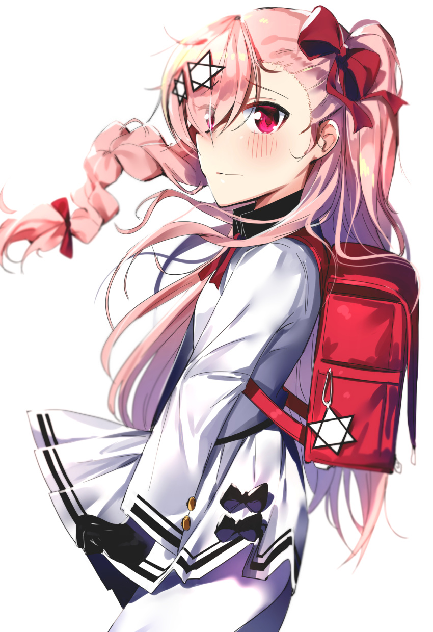 absurdres backpack bad_id bad_pixiv_id bag bangs black_gloves blush bow braid closed_mouth collared_shirt commentary_request eyebrows_visible_through_hair girls_frontline gloves hair_between_eyes hair_bow hair_ornament hair_ribbon hexagram highres long_hair negev_(girls_frontline) noria pantyhose pink_eyes pink_hair pleated_skirt red_bow red_ribbon ribbon shirt simple_background skirt solo star_of_david very_long_hair white_background white_legwear white_shirt white_skirt