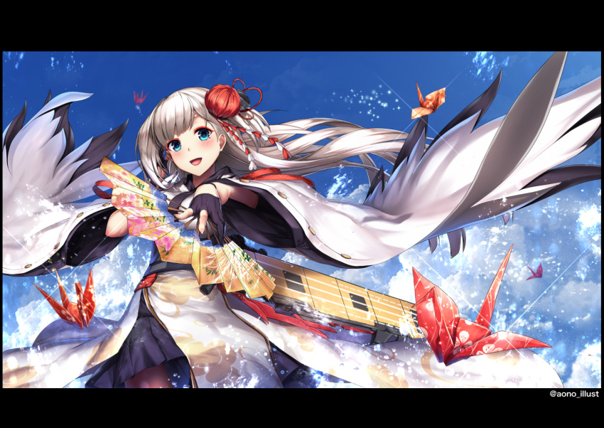 aono_meri artist_name azur_lane bangs black_gloves blue_eyes blue_sky blunt_bangs blush breasts cloud collarbone commentary_request eyebrows_visible_through_hair fan flight_deck floating_hair flower gloves hair_flower hair_ornament hand_on_own_face holding holding_fan japanese_clothes kimono large_breasts long_hair looking_at_viewer machinery mole mole_under_eye open_mouth origami pantyhose paper_crane partly_fingerless_gloves pleated_skirt pointing pointing_at_viewer rigging shoukaku_(azur_lane) sidelocks silver_hair skirt sky smile solo sparkle splashing water water_drop wide_sleeves wind wind_lift