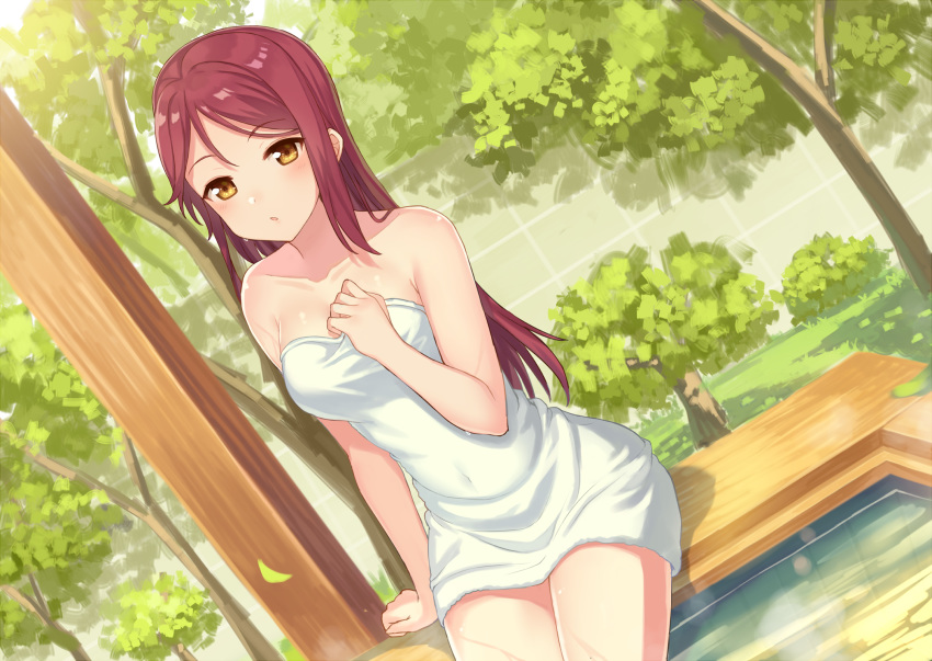 :o arm_at_side bangs bare_arms bare_shoulders blush breasts bush cleavage collarbone covered_navel day dutch_angle eyebrows_visible_through_hair falling_leaves foliage garden hajime_kaname highres horn leaf long_hair looking_at_viewer love_live! love_live!_sunshine!! medium_breasts motion_blur naked_towel onsen open_mouth outdoors parted_bangs pillar red_hair sakurauchi_riko shade single_sidelock sitting solo straight_hair sunlight tareme thighs towel tree wall water yellow_eyes