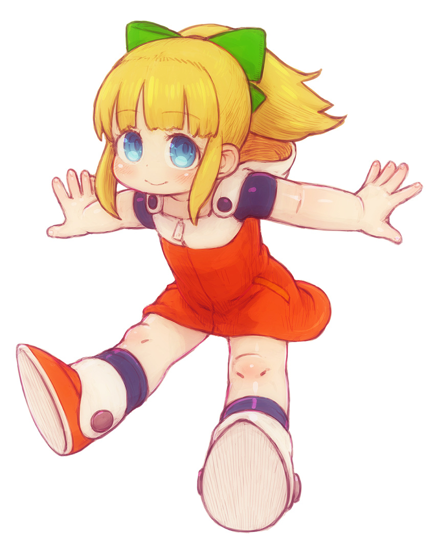 bangs blonde_hair blue_eyes blunt_bangs blush bow capcom child commentary_request eyebrows_visible_through_hair feral_lemma full_body hair_bow hair_ornament high_ponytail highres hood hoodie hoodie_dress outstretched_arms ponytail rockman rockman_(classic) rockman_11 roll shoes sidelocks simple_background smile solo white_background