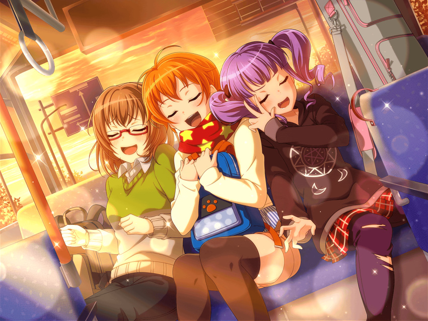 3girls bang_dream! blush closed_eyea jacket kitazawa_hagumi multiple_girls orange_hair short_hair smile