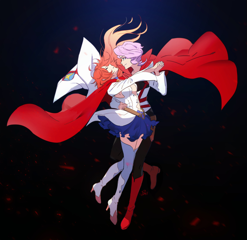 artist_name black_background blue_skirt boots cape closed_eyes closed_mouth commentary croix_meridies eyebrows_visible_through_hair full_body green_eyes hand_on_another's_hip hat highres holding_hands little_witch_academia long_hair long_sleeves multiple_girls poti purple_hair red_cape red_hair shiny_chariot short_hair signature simple_background skirt thighhighs white_legwear witch_hat yuri
