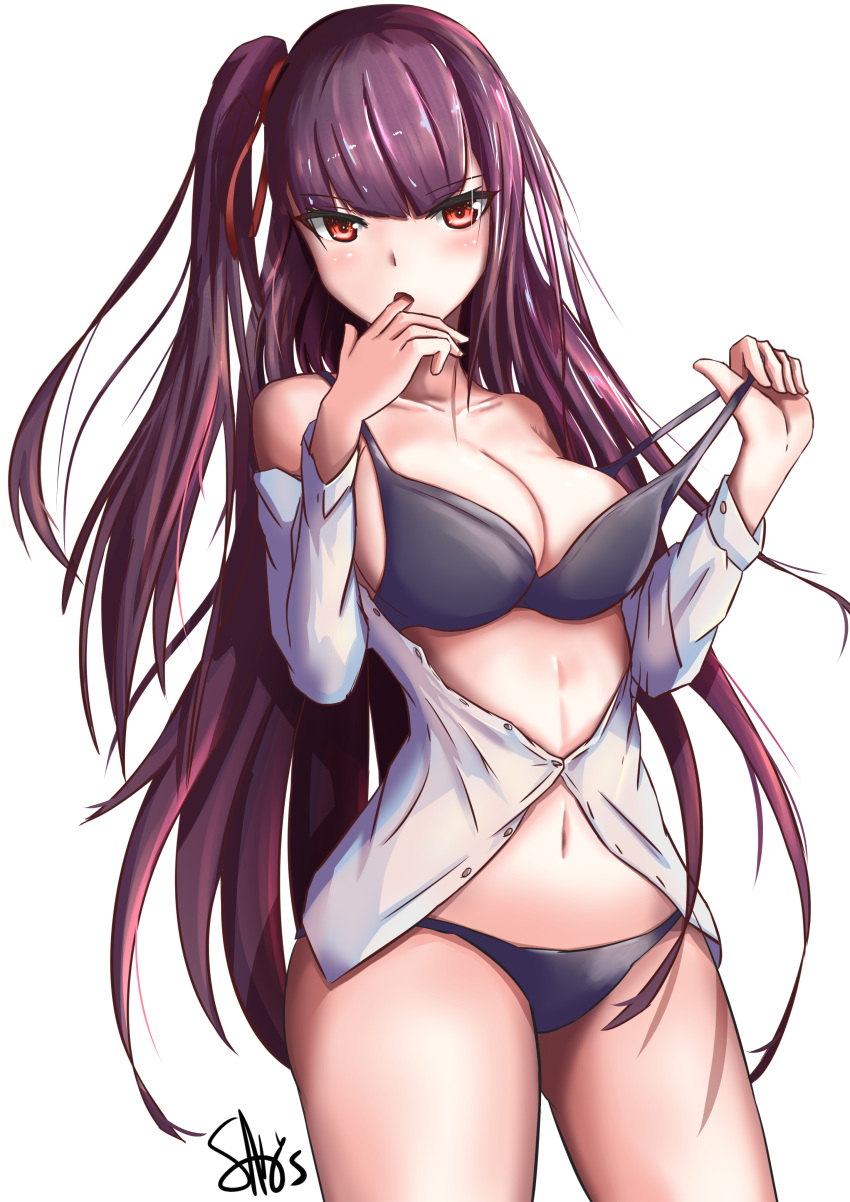 :o absurdres bangs bare_shoulders black_bra black_panties blunt_bangs bra breasts cleavage collarbone cowboy_shot finger_in_mouth girls_frontline highres ichikawayan large_breasts long_hair long_sleeves looking_at_viewer navel off_shoulder one_side_up open_clothes open_mouth open_shirt panties partially_unbuttoned pulled_by_self purple_eyes red_eyes shirt signature simple_background solo standing straight_hair strap_pull thighs tsurime underwear very_long_hair wa2000_(girls_frontline) white_background white_shirt