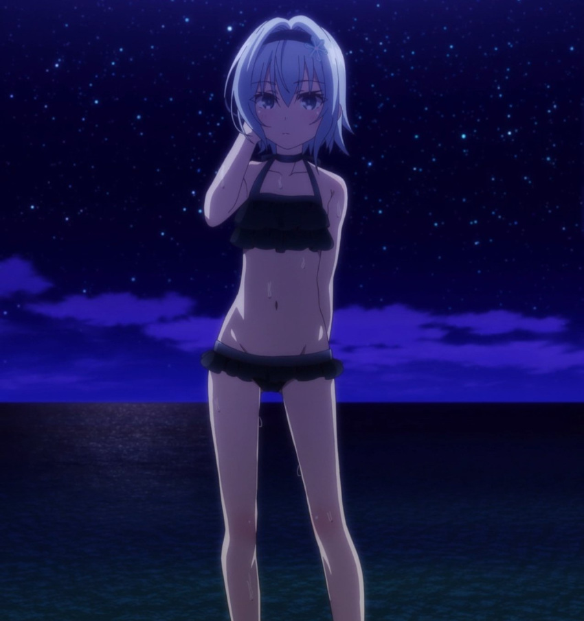 1girl beach bikini black_bikini breasts contrapposto female frilled_bikini frills high_resolution looking_at_viewer mound_of_venus night ocean ryuuou_no_oshigoto! screencap short_hair small_breasts solo sora_ginko standing stitched swimsuit water wet