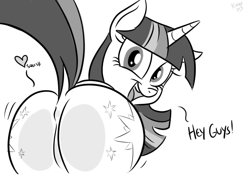 &lt;3 butt cutie_mark dialogue english_text equine female feral friendship_is_magic fur greyscale hair horn killryde looking_at_viewer looking_back mammal monochrome my_little_pony open_mouth raised_tail smile solo text twilight_sparkle_(mlp) unicorn